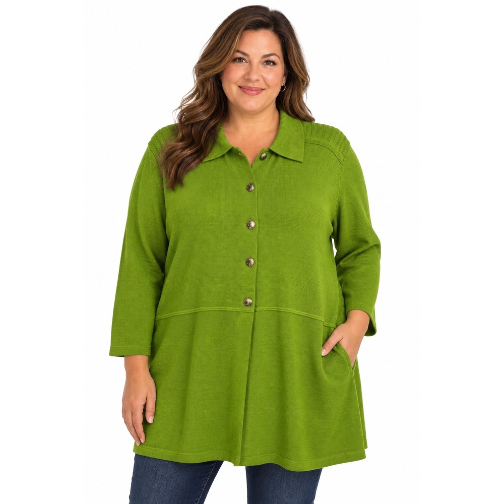 Nina Leonard Women 1X Lime Green Knit Longline Cardigan Crest Button Sweater NWT